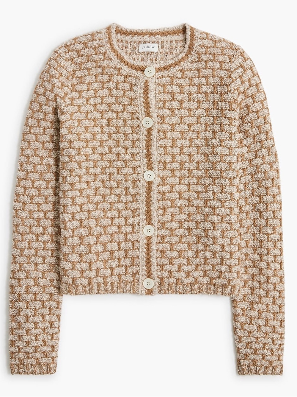 J. Crew Textured Tweed Cream and Brown Button-Front Cardigan
